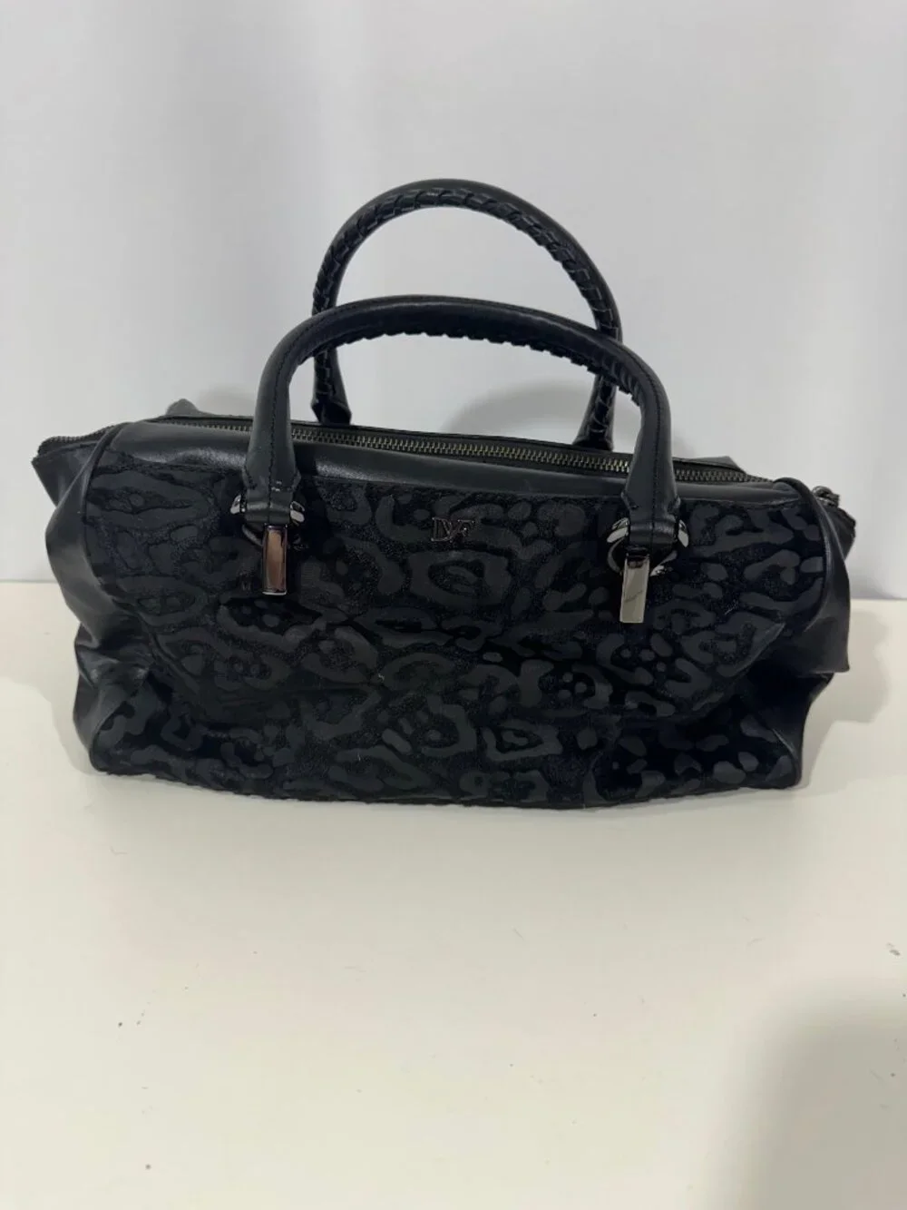 Diane von Furstenberg Drew Black Leopard Haircalf Leather Satchel Bag DVF Purse